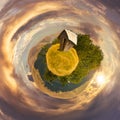 Woodshed on little planet spherical panorama Royalty Free Stock Photo