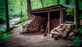 A woodshed by a river in the forest filled with logs Royalty Free Stock Photo