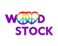 Woodstock lettering and hippie peace symbols with rainbow for t shirt print, party poster and other design on white background