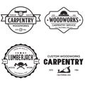 Woodwork badges. Set of carpentry, woodworkers, lumberjack, sawmill service monochrome vector labels, emblems and logos