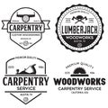 Woodwork badges. Set of carpentry, woodworkers, lumberjack, sawmill service monochrome vector labels, emblems and logos