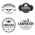 Woodwork badges. Set of carpentry, woodworkers, lumberjack, sawmill service monochrome vector labels, emblems and logos Royalty Free Stock Photo