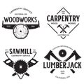 Woodwork badges. Set of carpentry, woodworkers, lumberjack, sawmill service monochrome vector labels, emblems and logos