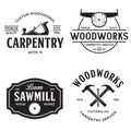 Woodwork badges. Set of carpentry, woodworkers, lumberjack, sawmill service monochrome vector labels, emblems and logos