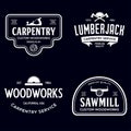 Woodwork badges. Set of carpentry, woodworkers, lumberjack, sawmill service monochrome vector labels, emblems and logos