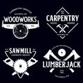 Woodwork badges. Set of carpentry, woodworkers, lumberjack, sawmill service monochrome vector labels, emblems and logos