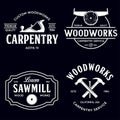 Woodwork badges. Set of carpentry, woodworkers, lumberjack, sawmill service monochrome vector labels, emblems and logos