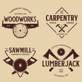 Woodwork badges. Set of carpentry, woodworkers, lumberjack, sawmill service monochrome vector labels, emblems and logos