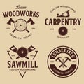 Woodwork badges. Set of carpentry, woodworkers, lumberjack, sawmill service monochrome vector labels, emblems and logos