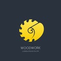 Woodwork and carpentry logo emblem concept. Circular saw and wood shaving, vector label icon design Royalty Free Stock Photo