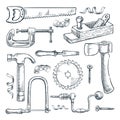 Woodwork and carpentry tools set. Vector sketch illustration. Wood material and furniture industry design elements