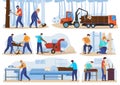 Woodwork processing stages, people cutting trees and produce timber, vector illustration