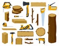 Woodwork tools. Lumber industry wood material tree trunk, planks, stacked firewood and ax, circular saw, hammer vector Royalty Free Stock Photo