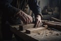 woodworker handcrafting wooden sign for storefront, with saw and hammer in view