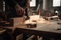 woodworker handcrafting wooden sign for storefront, with saw and hammer in view