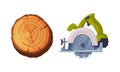 Woodworker and lumberjack objects set. Stump and circular saw vector illustration Royalty Free Stock Photo