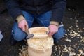 Woodworker made wooden dish with the help of joinery tools.