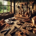 A woodworker's workshop interior with various tools and handcrafted wooden objects. Royalty Free Stock Photo