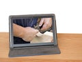 Woodworker woodworking planing tool wood class lesson computer tablet screen Royalty Free Stock Photo