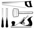 Woodworking and carpentry tools set vector. Mallet, jack plane, chisel, saw.