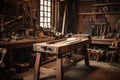 Woodworking and carpentry workplace with different tools. Generative AI