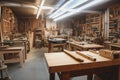 woodworking and carpentry workshop, with saws, planes, and other tools hanging on the walls Royalty Free Stock Photo