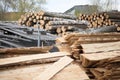 .Woodworking factory. Logs and boards are piled up in a heap.Wood in production Royalty Free Stock Photo