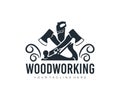 Woodworking, hand saw, axes and planer, logo design. Construction, building, carpentry and joiner, vector design