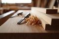 Woodworking hand tools and wood shavings on workbench in workshop Royalty Free Stock Photo