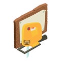 Woodworking icon isometric vector. Electric jigsaw near old wooden board icon