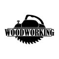 Woodworking logo. Electric planer with circular saw blade for wood. Black silhouette. Isolated vector clipart.