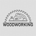 Woodworking logo. Electric planer with circular saw blade for wood. Line and outline isolated vector clipart and drawing.