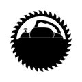 Woodworking and sawmill logo. Electric planer with circular saw blade for wood. Black silhouette. Isolated vector clipart.