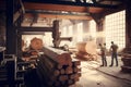 Woodworking sawmill production and processing of wooden boards in a modern industrial factory assembly line in
