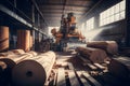 Woodworking sawmill production and processing of wooden boards in a modern industrial factory assembly line in