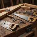 A woodworking scene features handsaws with wooden handles, scattered nails Royalty Free Stock Photo