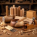 A woodworking setup features various tools and materials on a wooden workbench. A wooden mallet and Royalty Free Stock Photo