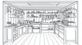 Well-organized workshop with tools, workbench, and storage shelves, line art perspective Royalty Free Stock Photo