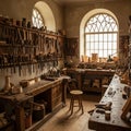 Woodworking studio with two workbenches full of tools like chisels and hammers Royalty Free Stock Photo