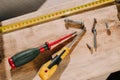 Woodworking tolls, chisels and mallet on a workbench Royalty Free Stock Photo