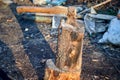 woodworking tool ax in the stump for cutting trees and firewood