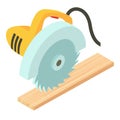Woodworking tool icon isometric vector. Electric circular saw and wooden plank