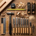 Woodworking tools arranged on a rustic wooden surface. Includes a set of chisels Royalty Free Stock Photo