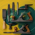 Woodworking tools including two hand planes with wooden handles and several Royalty Free Stock Photo