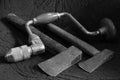 A set of traditional old vintage woodworking tools in black and white image Royalty Free Stock Photo