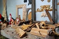 Woodworking tools with the wooden ornaments Royalty Free Stock Photo