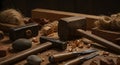 Woodworking tools on a workbench include a wooden mallet, two chisels with Royalty Free Stock Photo