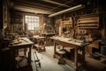 woodworking workshop, filled with tools and materials for creating custom furniture