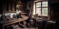 Woodworking workshop. A room by the window. wood worker or carpenter\'s workplace with old tools on the wall and rustic feel.