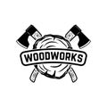 Woodworks. Emblem template with crossed lumberjack axes. Design element for logo, label, emblem, sign.